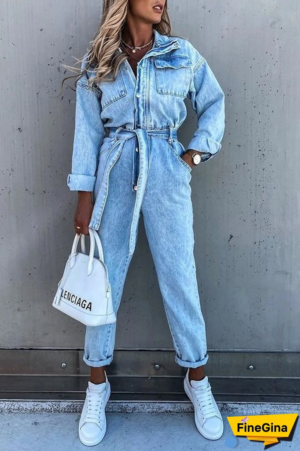 Denim Long Sleeve Jumpsuit(With Belt)