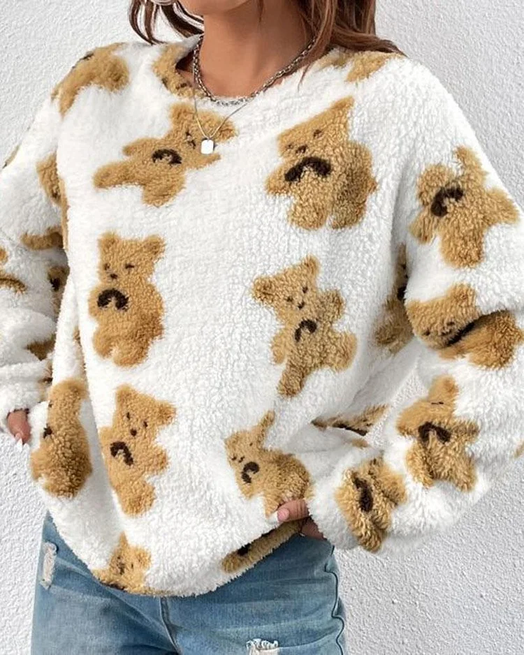 Teddy Bear Print Pullover Sweatshirt