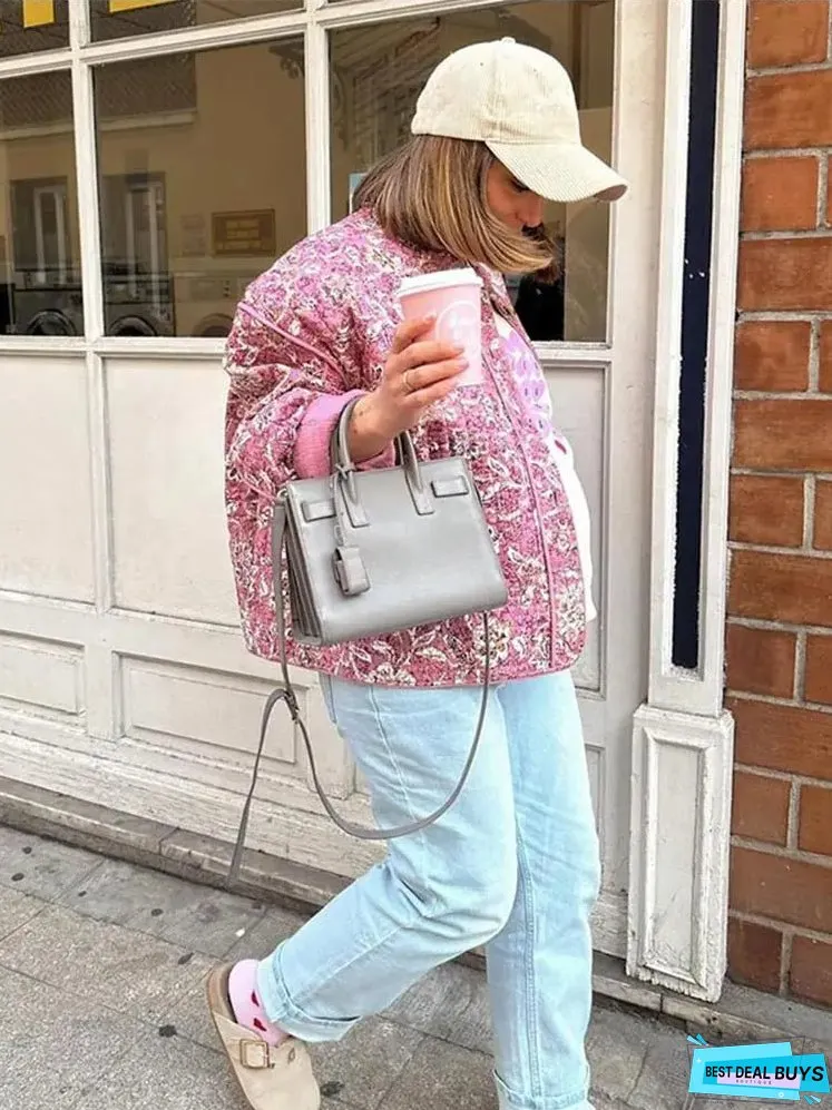 Womens Quilted Jacket-Fall Winter New Floral Print Thickened Stand-up Collar Cotton
