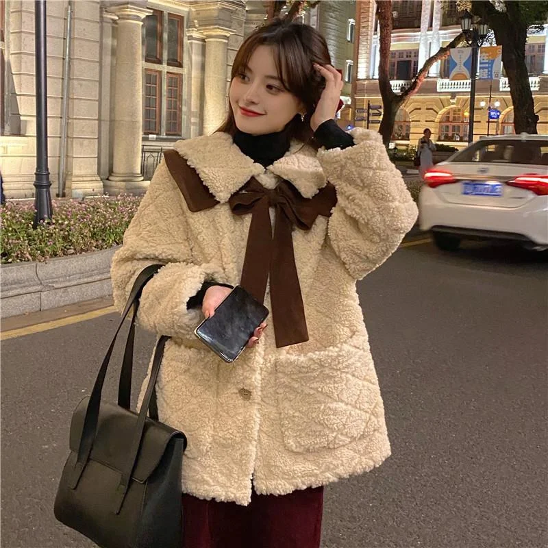 New Cute Sweet Fashion Fur Coat Women Single Breasted Loose Thick Warm Lamb Wool Jacket with Bow Lapel Furry Students Outerwear