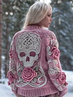 Viking Skull & Rose Art Women's Knit Cardigan