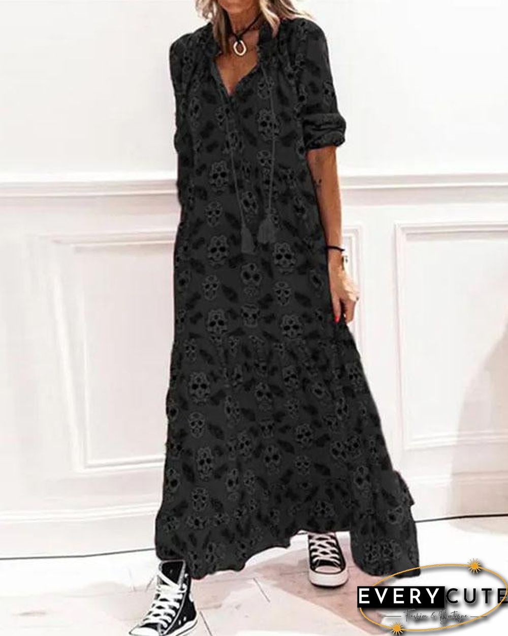 V Neck Lace Up Boho Maxi Dress