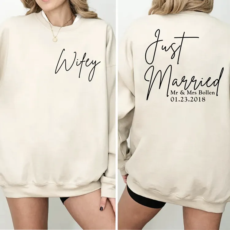 Custom Wifey Just Married Sweatshirt, Personalized Couple Last Name and Wedding Date, Newlywed Bride Pullover, Honeymoon Wedding Gift