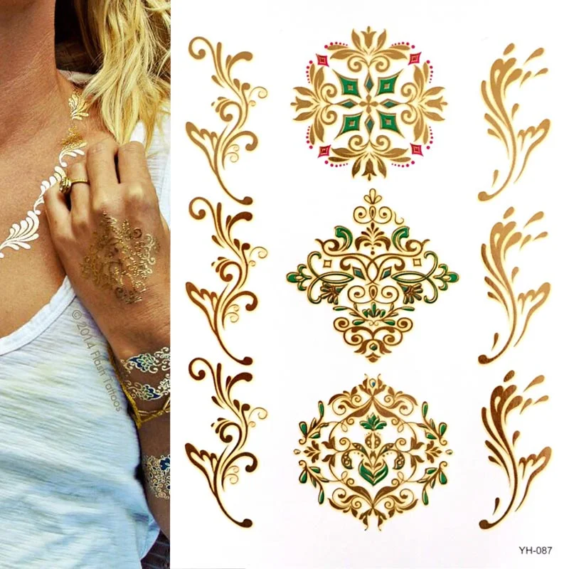 Temporary Boho Metallic Henna Tattoos - Over 120 Mandala Mehndi Designs in Gold and Silver (1 Sheets)