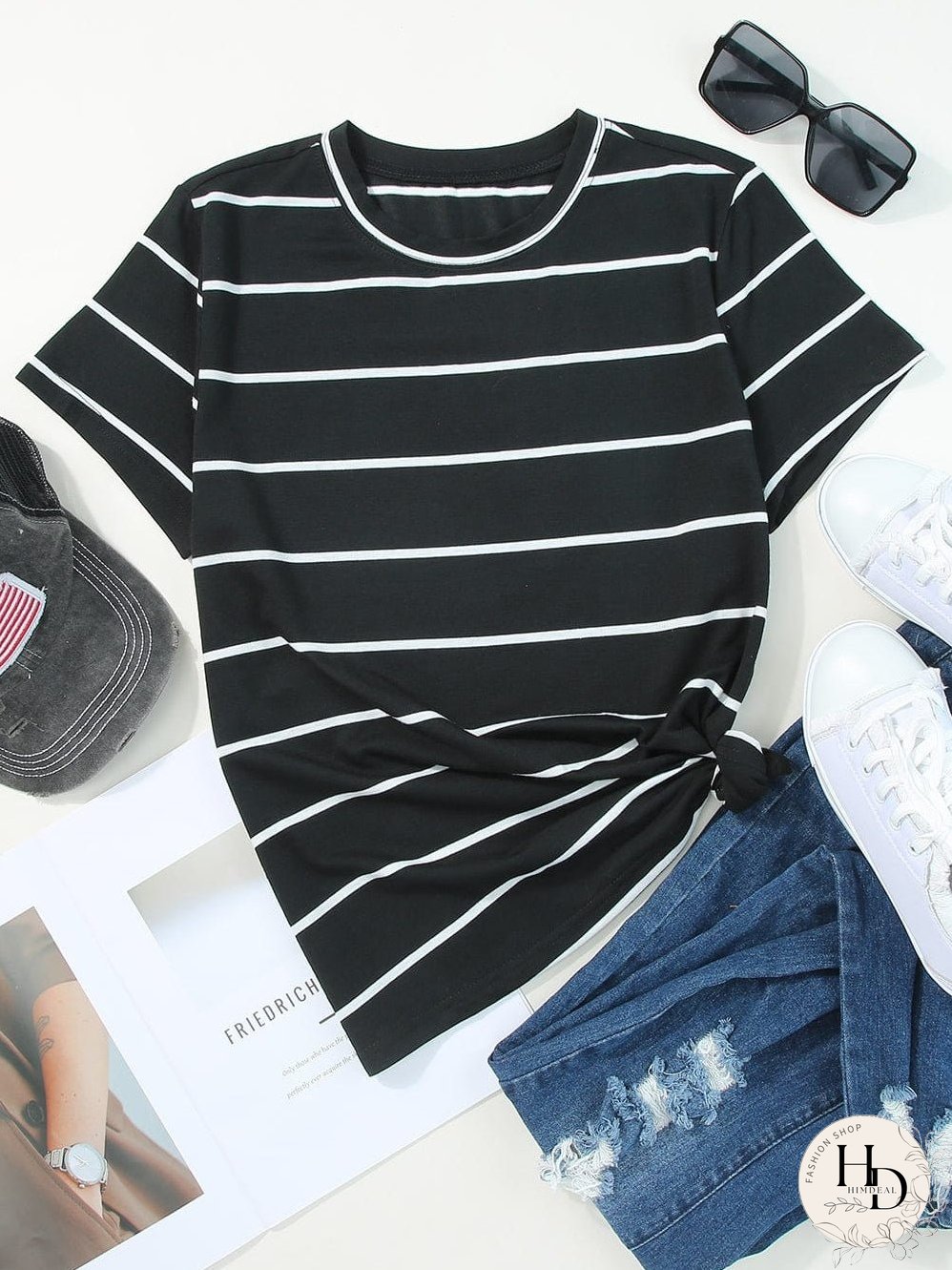 Stripe Print Black Short Sleeve Tee