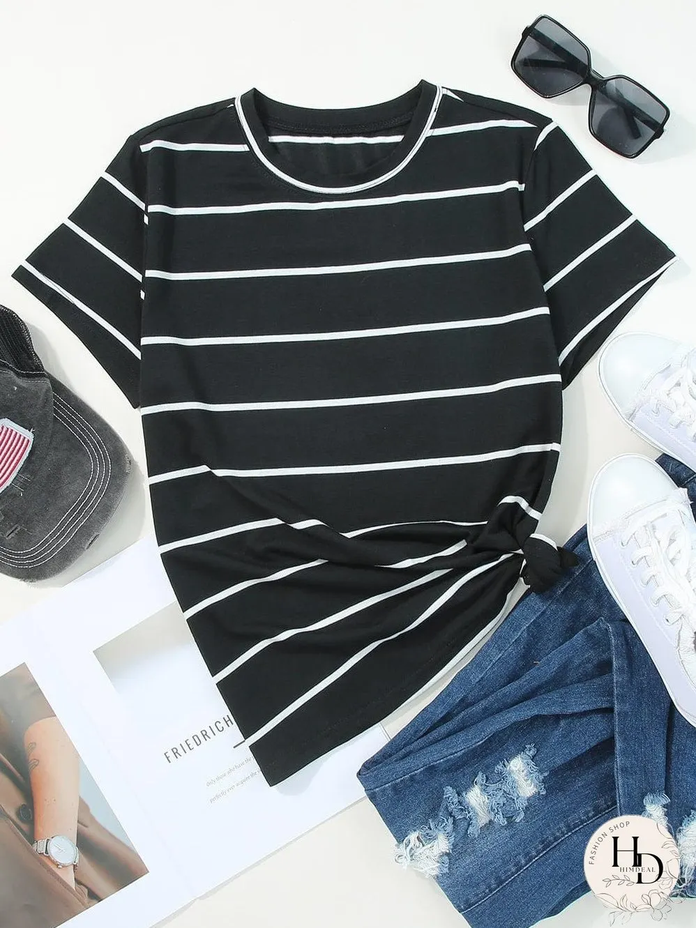 Stripe Print Black Short Sleeve Tee