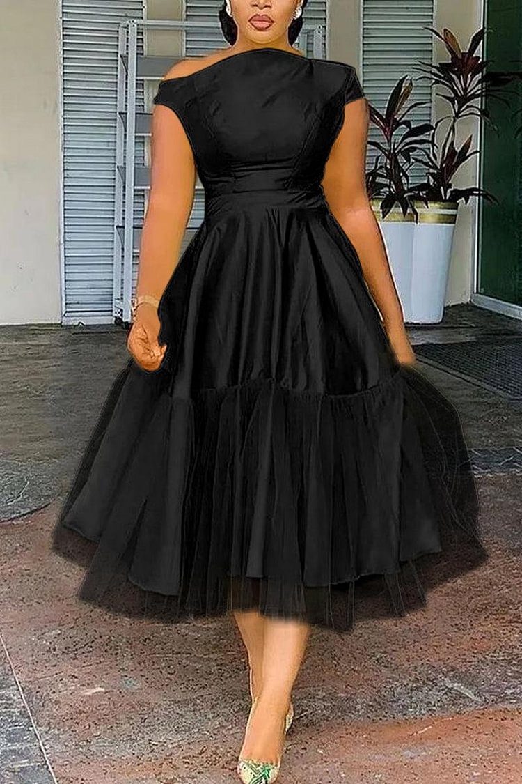 Xpluswear Plus Size Formal Black Elegant A-line Tulle Solid Midi Dress
