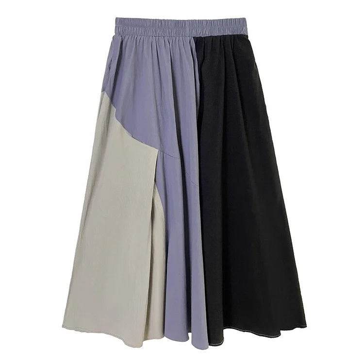 Stylish Elastic Waist Patchwork Pockets Pleated Skirt 