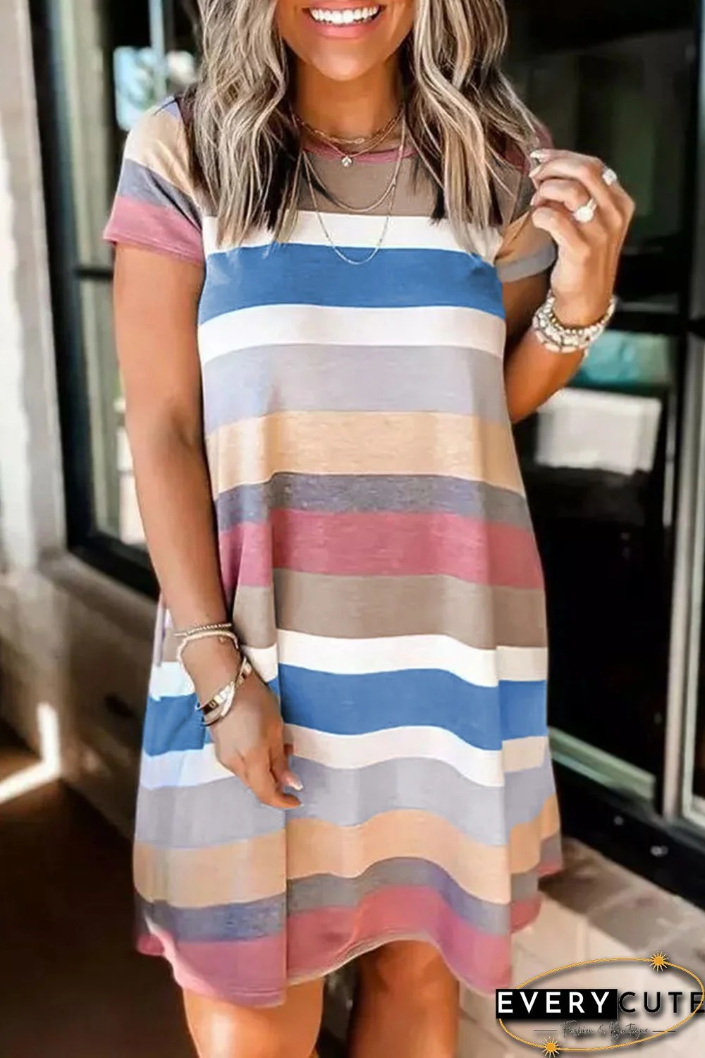 Multicolor Striped Pocket T Shirt Dress