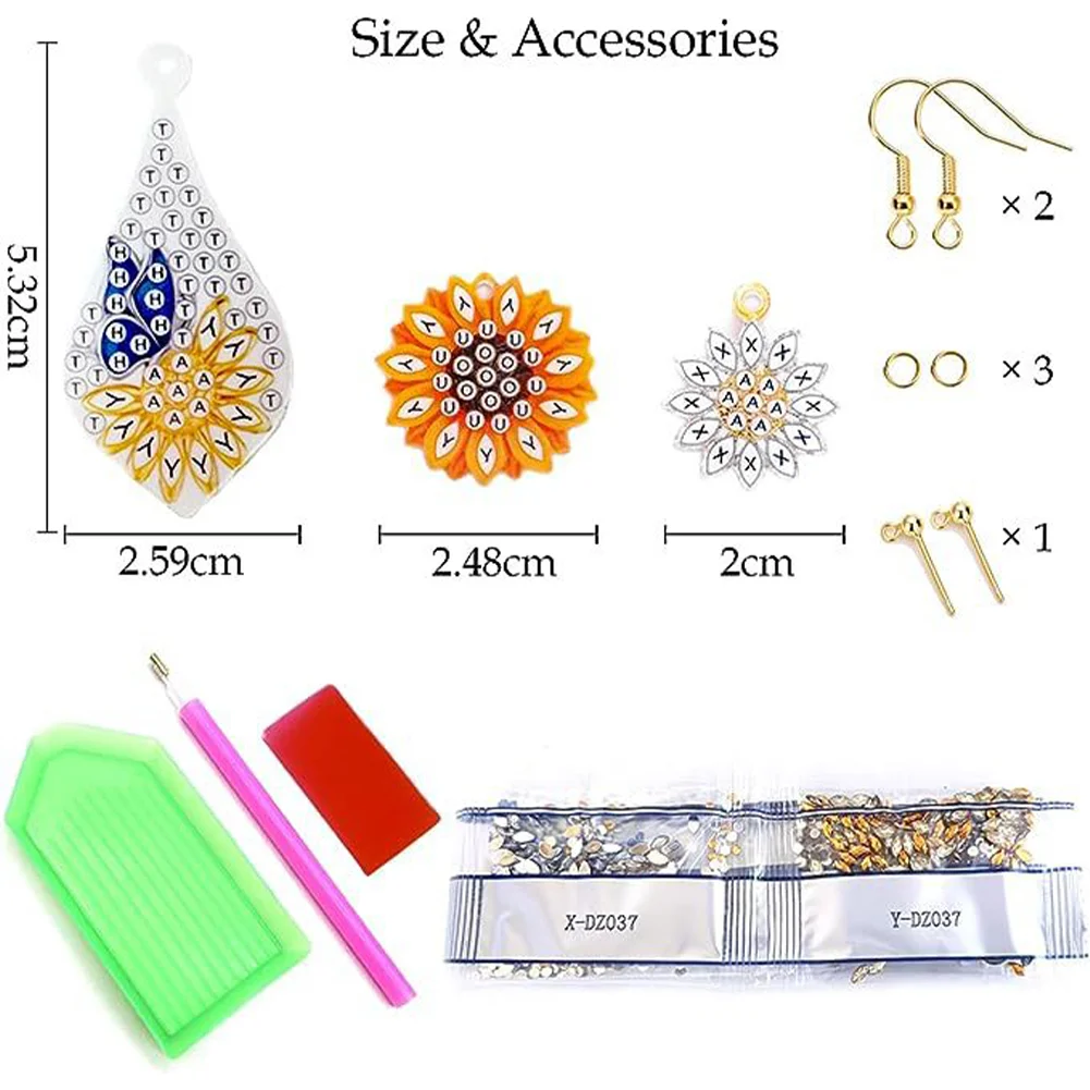 3Pairs DIY Double Sided Sunflower Butterfly Diamond Painting DIY Earring Making Kit