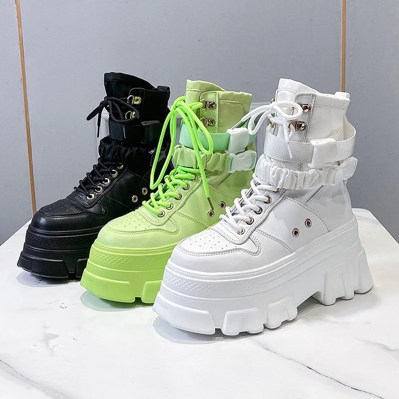 Green Punk Chunky Platform Motorcycle Boots Women Autumn Winter Gothic Shoes Woman Thick Bottom Lace Up Ankle Botas Mujer