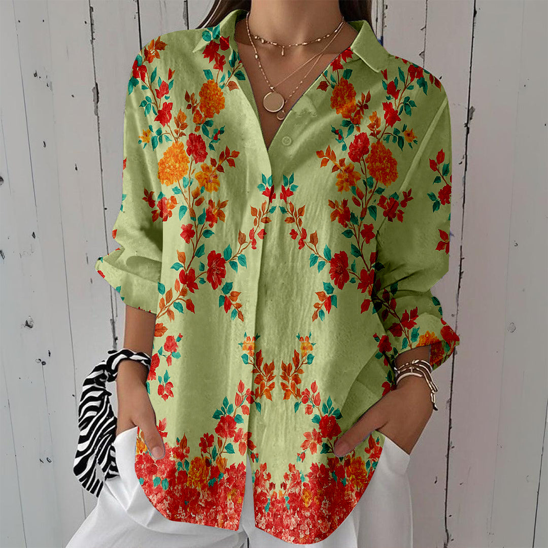 Women Long Sleeve V-neck Graphic Floral Printed Top
