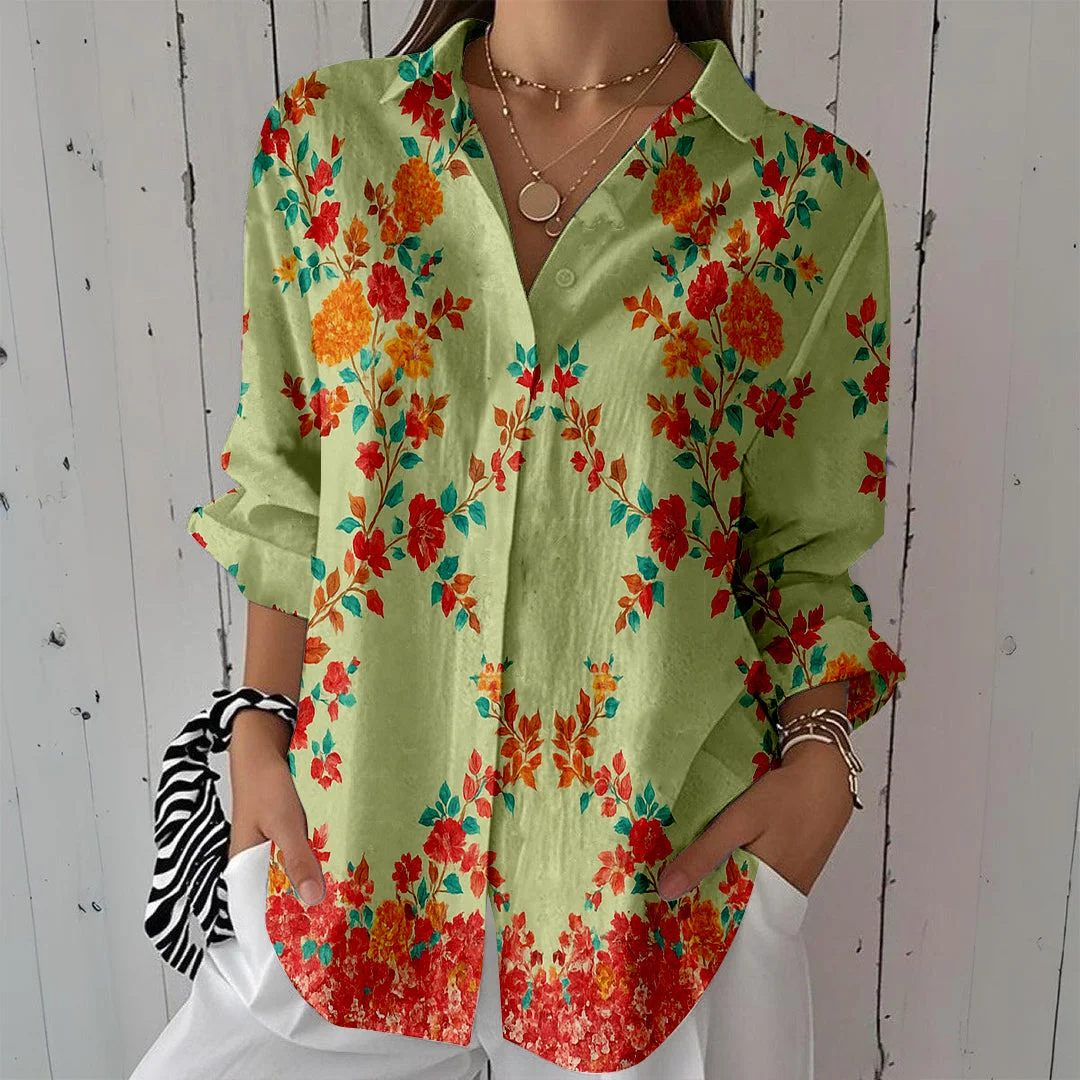 Style & Comfort for Mature Women Women Floral, Green, Red DZCL0172 3/4 Sleeve Shirt Collar Printed Button Tops