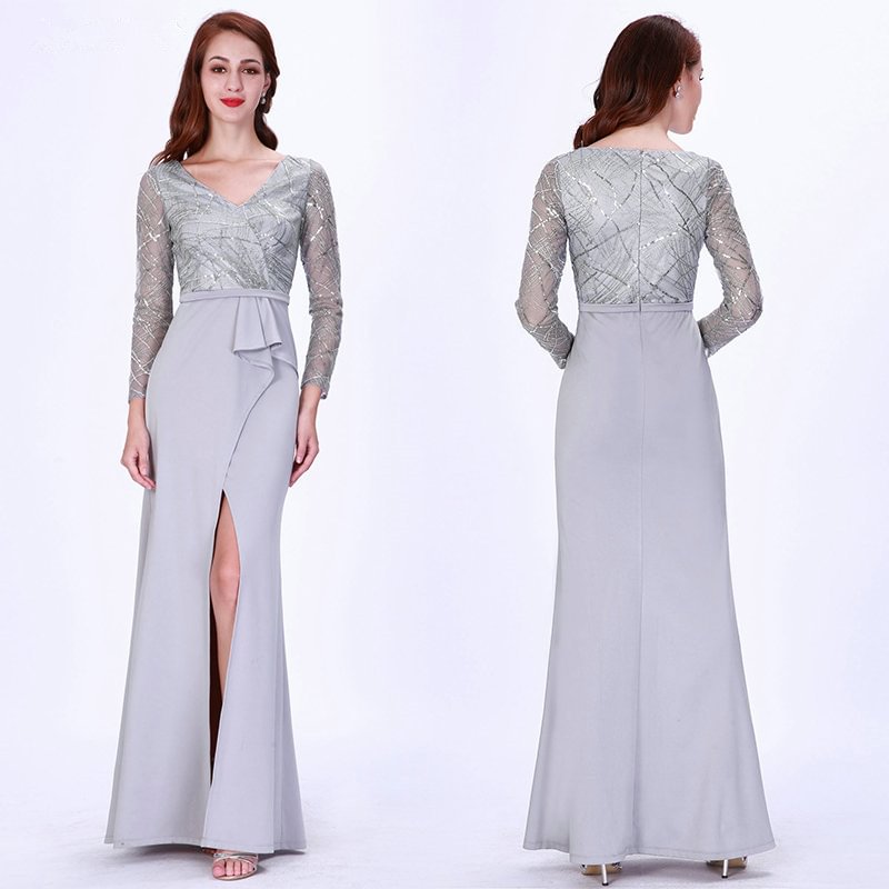 Silver Grey V-Neck Sequins Long Sleeve Evening Prom Dress With Split - lulusllly
