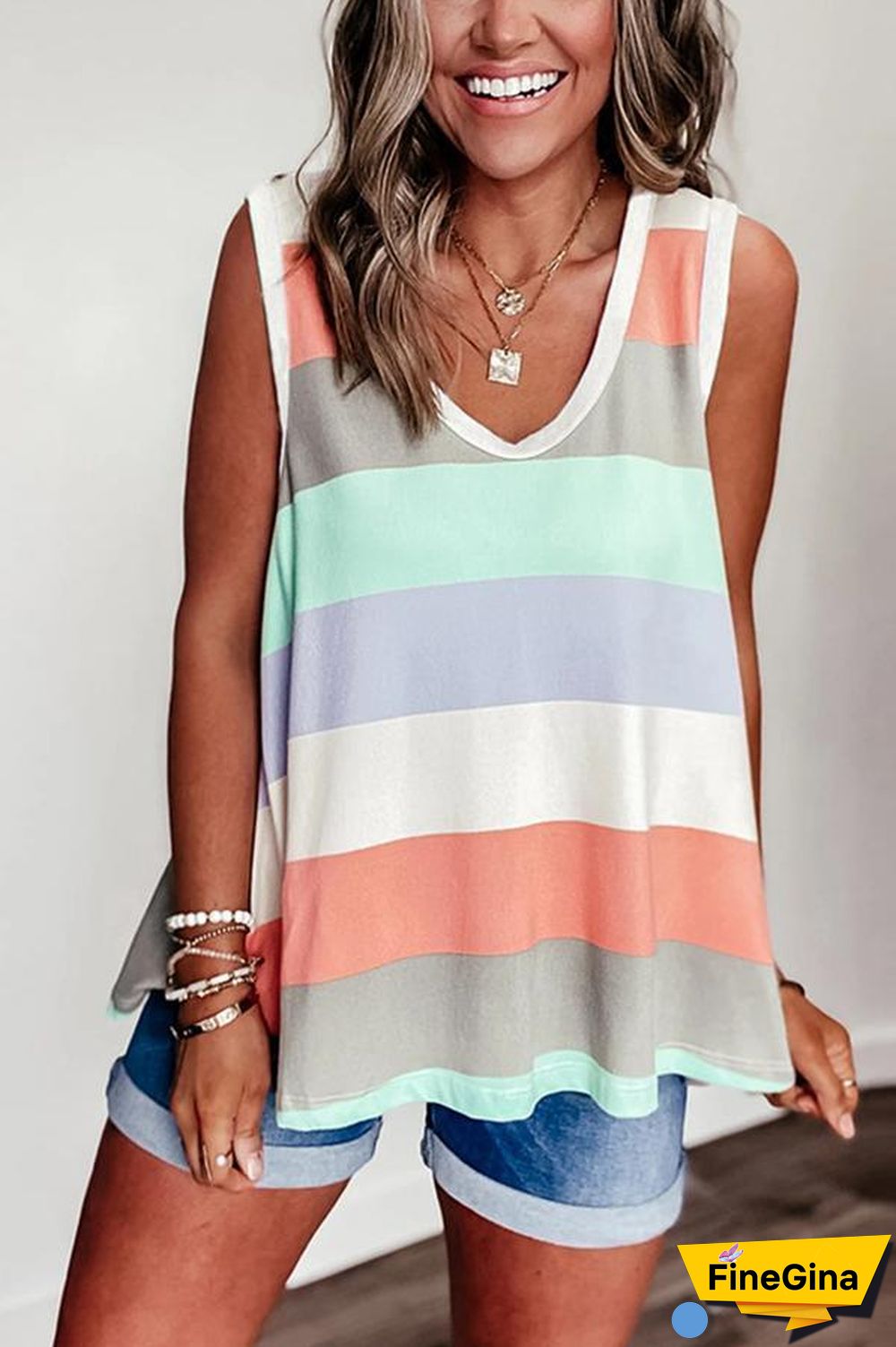 Rainbow Stripe Contrast Sleeveless Top
