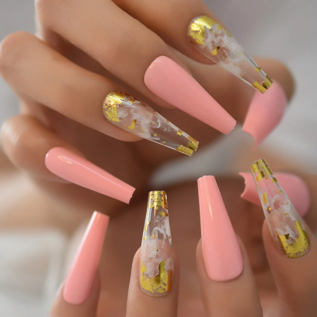 Metallic Coffin Nail Tips False Nails Long Ballerina Gold Mirror Fake Nails Press On Full Set For Fingernail Decorations-Nail Inspo