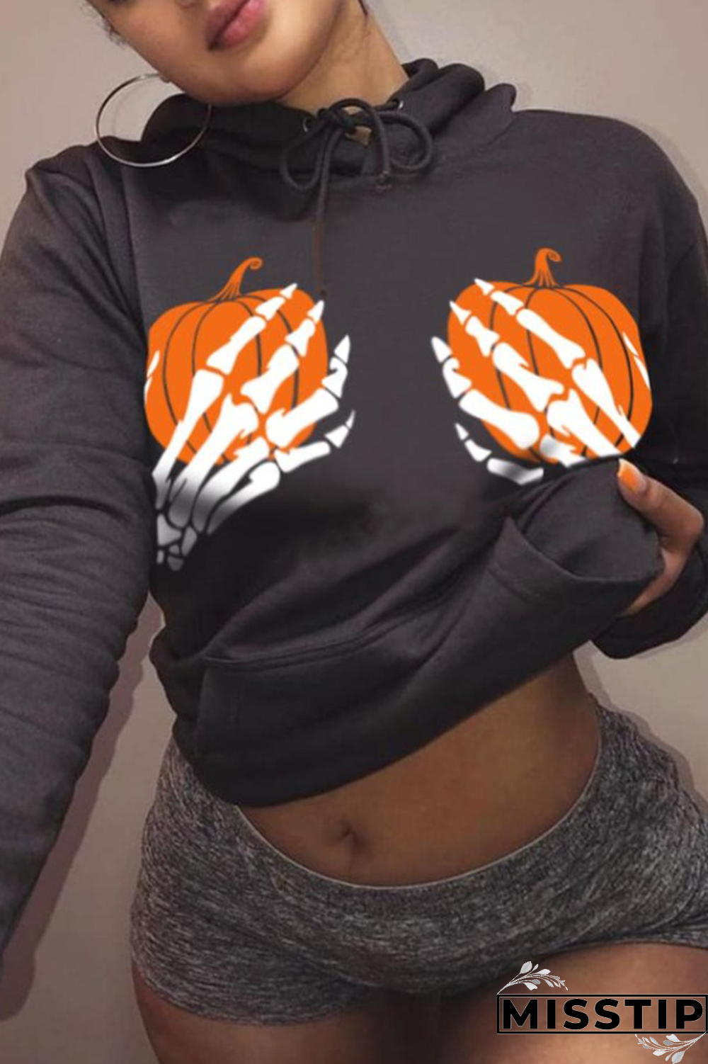 Black Fashion Print Patchwork Hooded Collar Tops