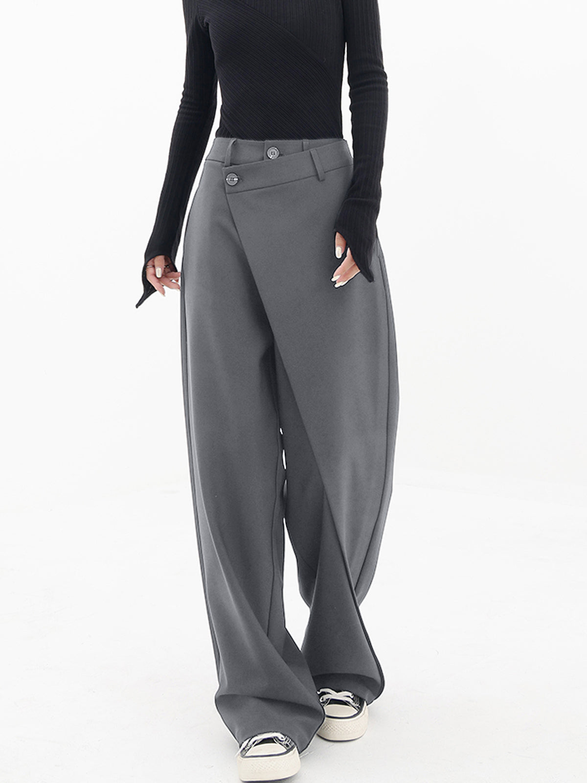 Rotimia Asymmetrical Layer Button Baggy Wide Leg Pants