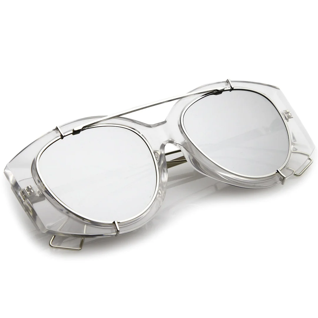 Futuristic Translucent Wire Metal Arms Crossbar Mirrored Flat Lens Oversize glasses 53mm