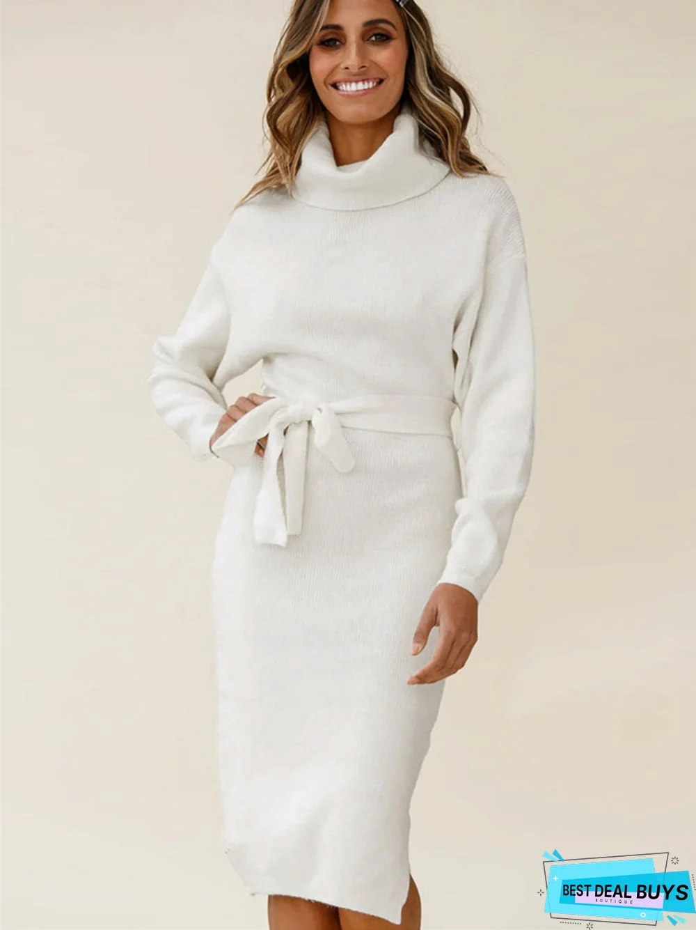 Solid Color Long Sleeved Knit Turtleneck Dress