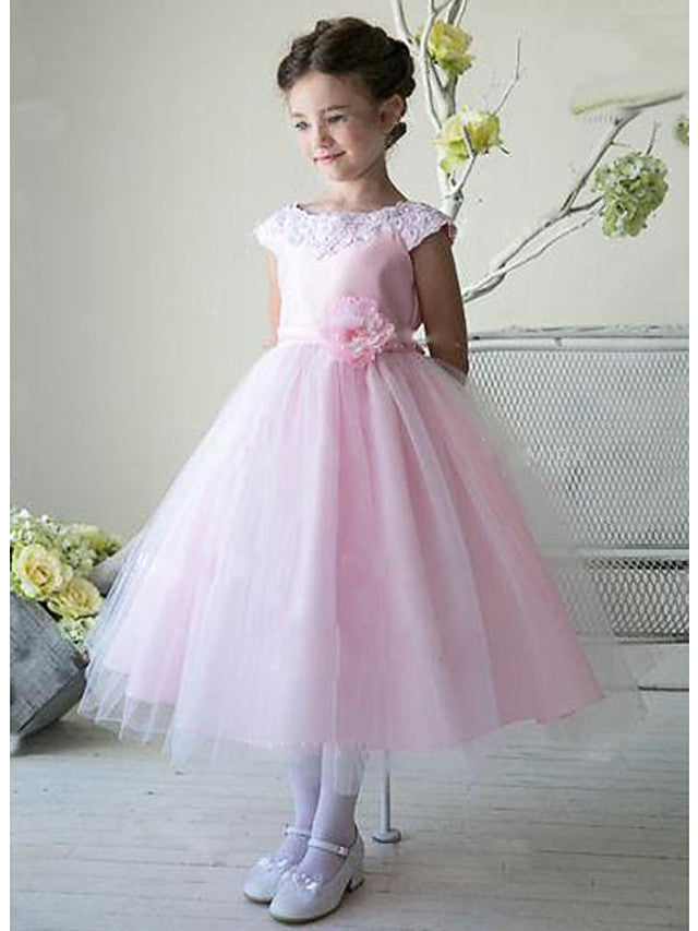 Oknass A-Line Sleeveless Jewel Neck Ankle Length Flower Girl Dress Lace Satin Tulle With Bow