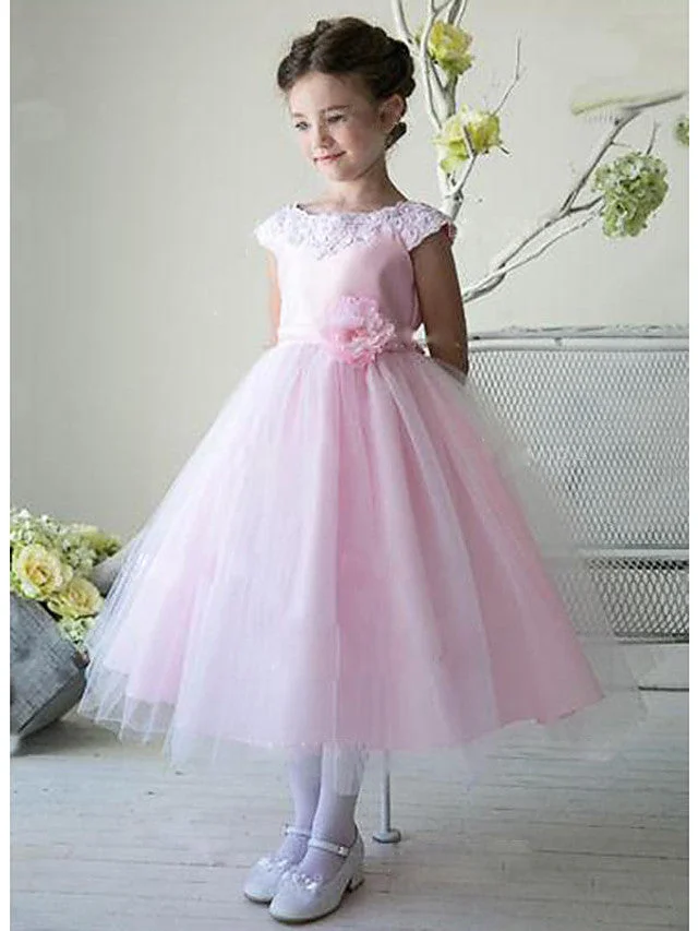 Daisda A-Line Sleeveless Jewel Neck Ankle Length Flower Girl Dress Lace Satin Tulle With Bow