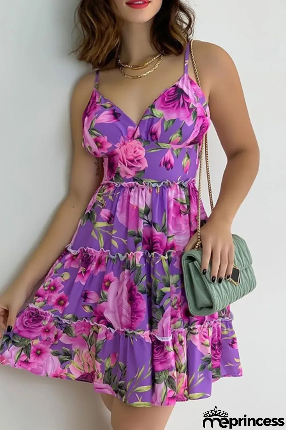 Purple Sweet Print Patchwork Spaghetti Strap Sling Dress Dresses