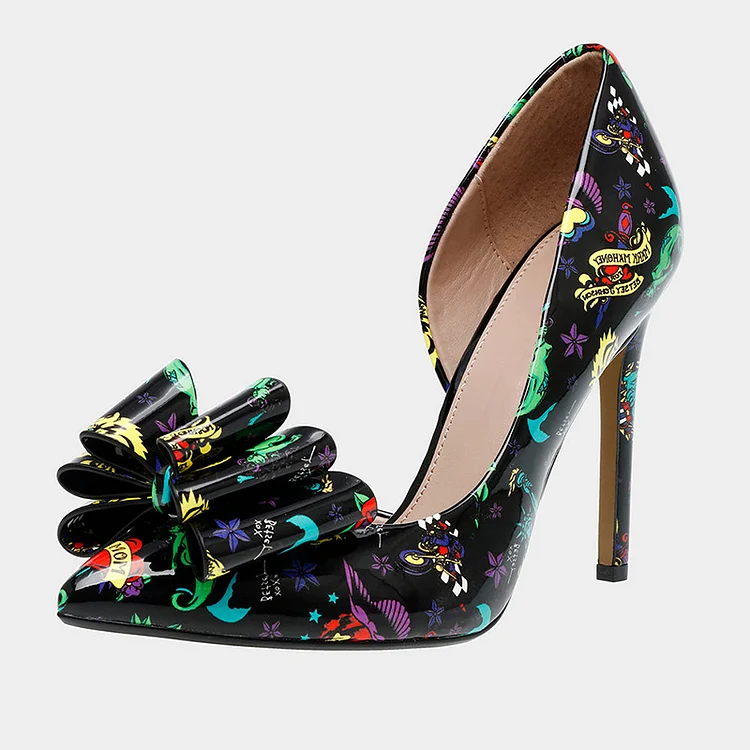 Multicolor Floral Pumps Pointy Stiletto Heels Evening Patent Bow Shoes |FSJ Shoes