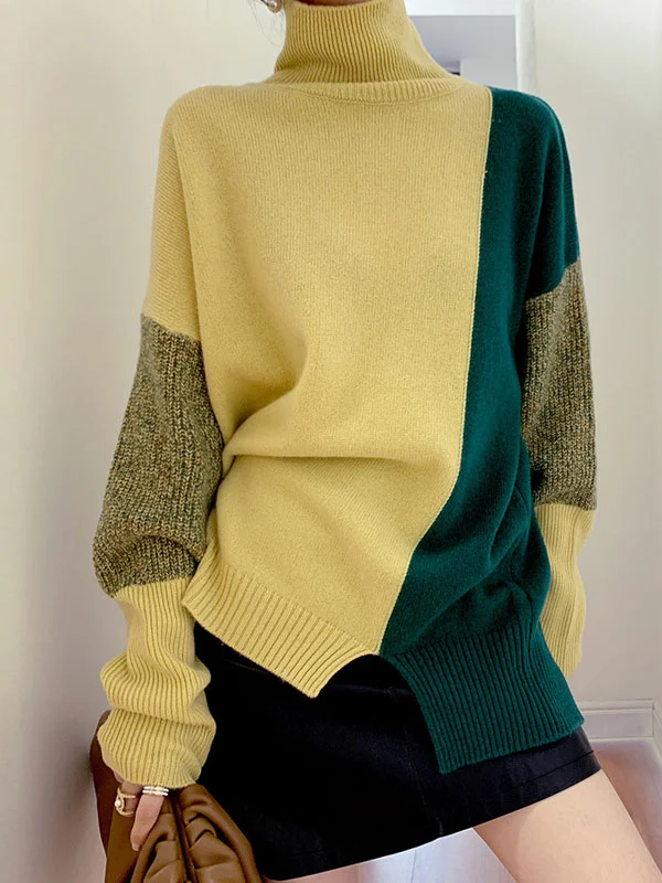 Casual Loose Color Block High-Neck Sweater