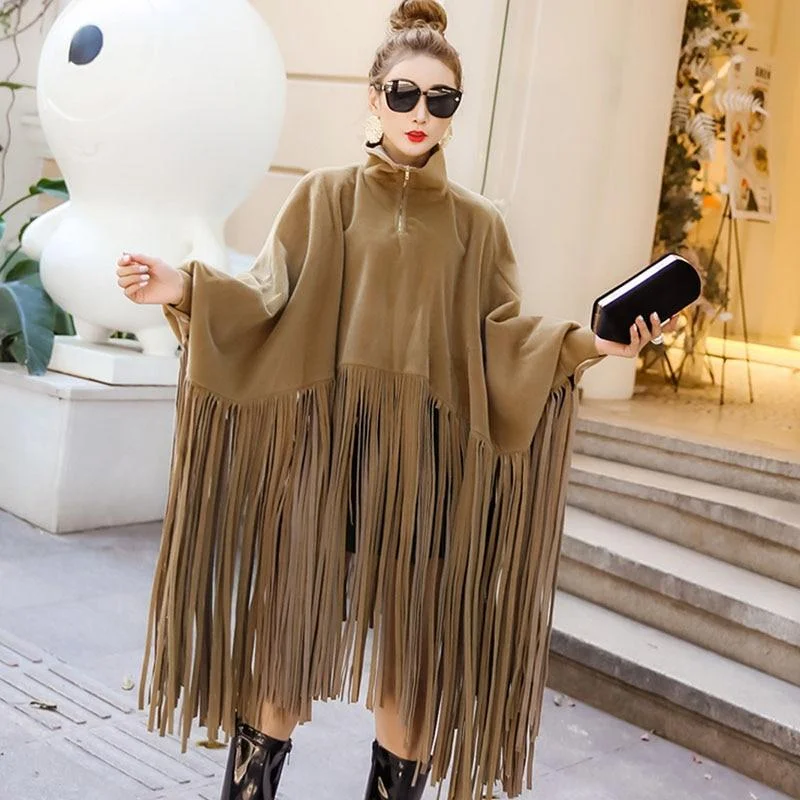 2021 New Spring Autumn Black Jacket Women Loose Tassels Turtleneck Long Sleeve Women Cape Coat Women Fashion Plus Size Ponchos