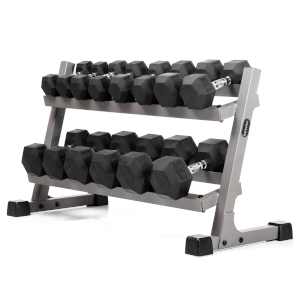 XMark 4455 2-Tier Dumbbell Rack with the 380 lb set of Premium Quality Rubber Coated Hex Dumbbells