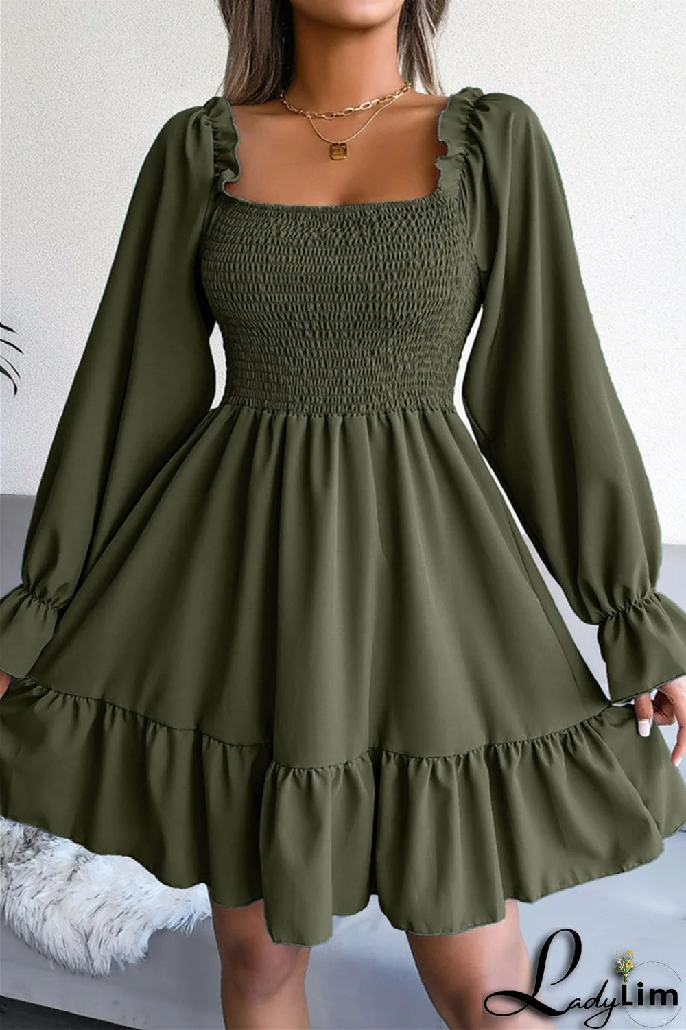 Burgundy Fashion Casual Solid Patchwork Square Collar Long Sleeve Dresses