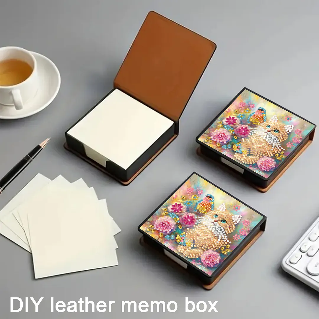 Cats Flowers PU DIY 5D Diamond Painting Note Box with 160 Sheets for Office Home
