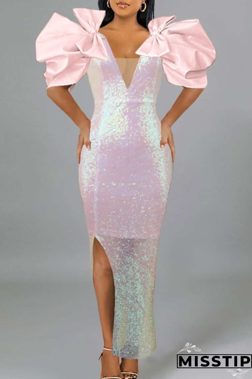 Pink Celebrities Elegant Solid Patchwork With Bow V Neck Evening Dress Dresses