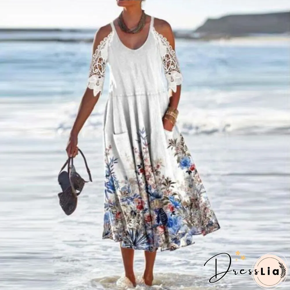Vintage Floral Print Pocket Dress-Womens Casual Lace Patchwork Neck Hollow Lady Fashion