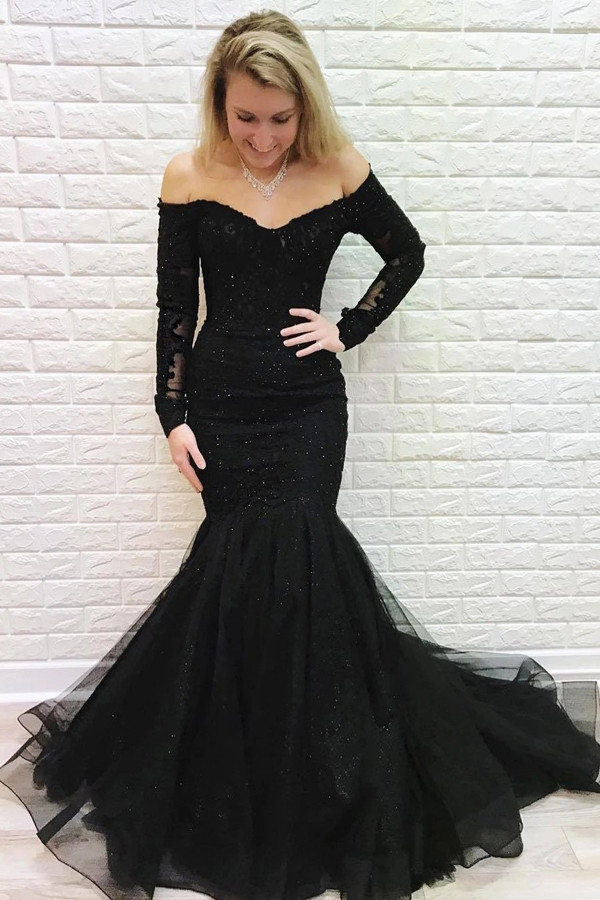 Bellasprom Mermaid Evening Dress Lace Appliques Black Long Sleeves Bellasprom