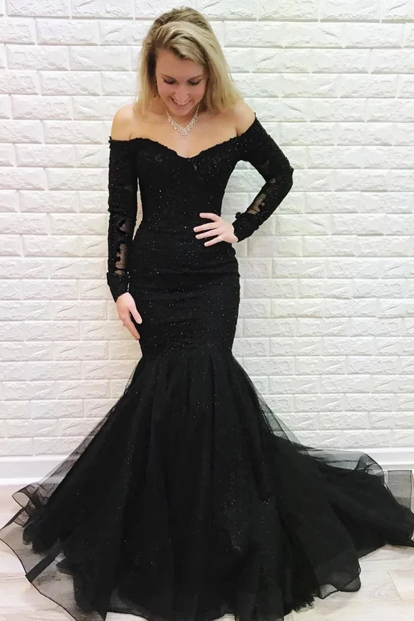 Bellasprom Mermaid Evening Dress Lace Appliques Black Long Sleeves