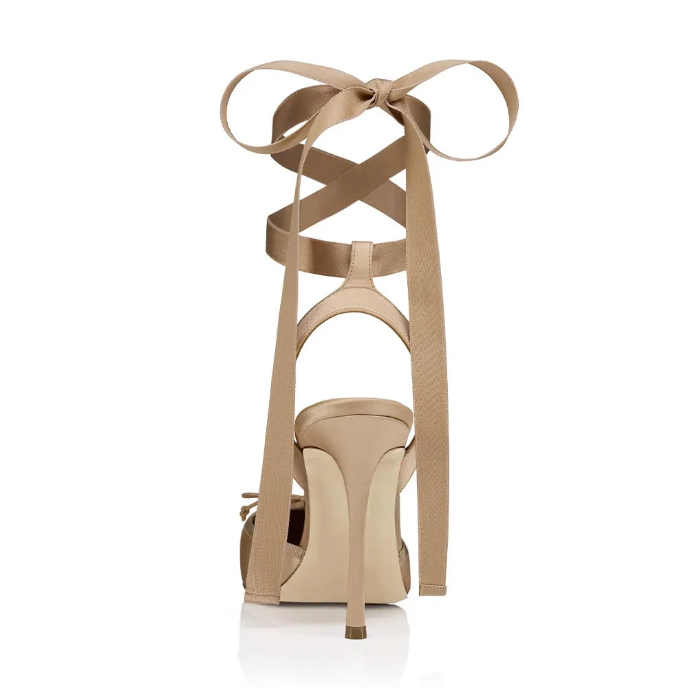 Women's Beige Square Toe Ballet Lace Up Satin Bow Pumps Heels