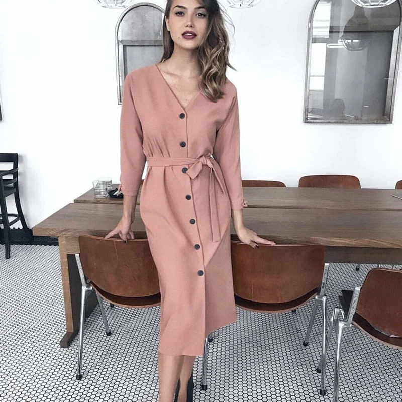 Women Vintage Front Button Sashes A-line Dress Long Sleeve Sexy V neck Solid Elegant Dress 2019 Autumn New Fashion Women Dress
