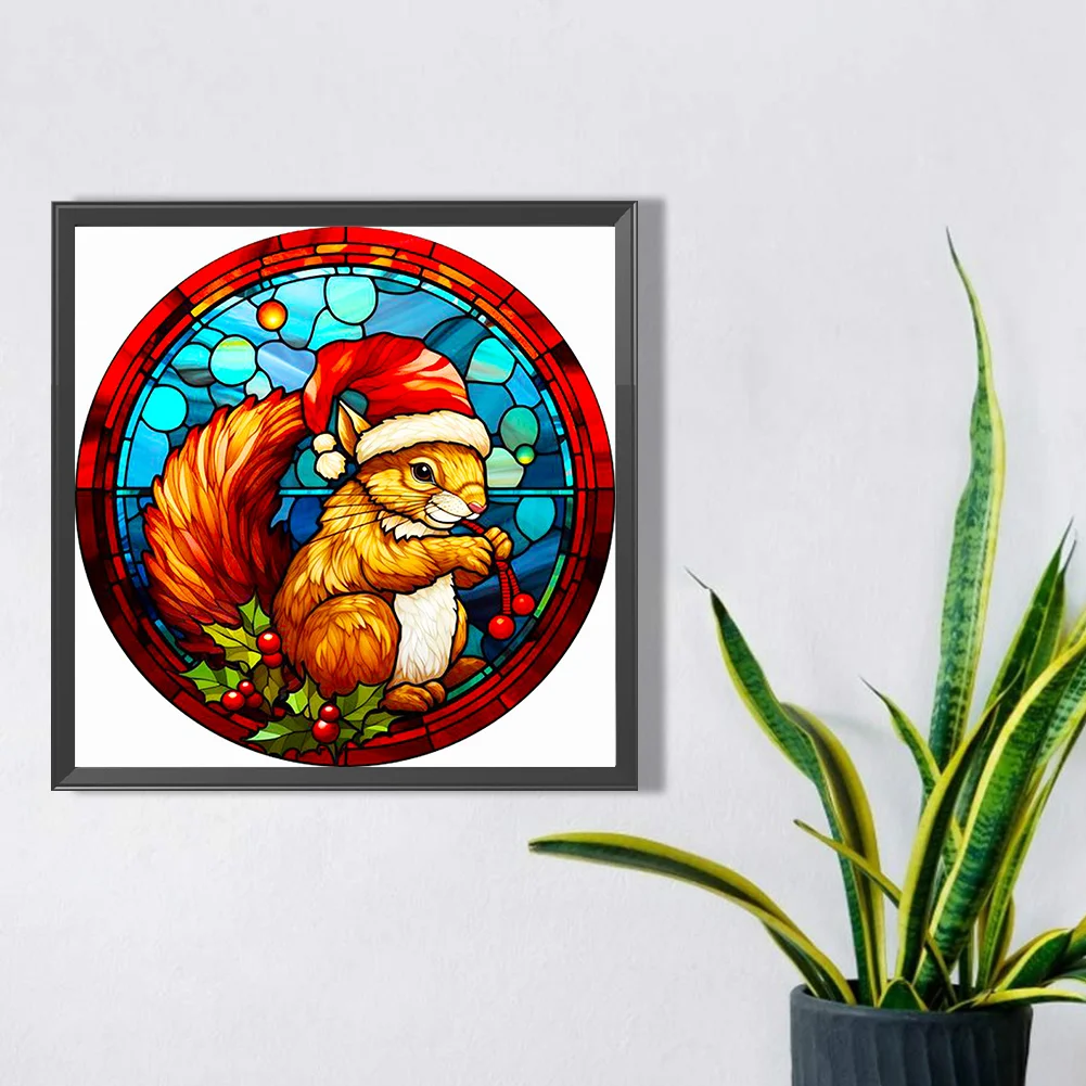 Diamond Painting - Full Round Drill - Stained Glass Xmas Squirrel(Canvas|40*40cm)