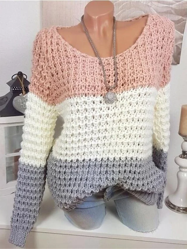 Women's Pullover Sweater Jumper Jumper Crochet Knit Hollow Out Hole Color Block Crew Neck Stylish Casual Daily Going out Summer Fall Pink Gray S M L socialshop