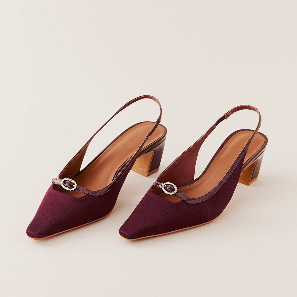 Maroon Satin Snip Toe Chunky Heel Rhinestone Buckle Slingback Pumps Nicepairs