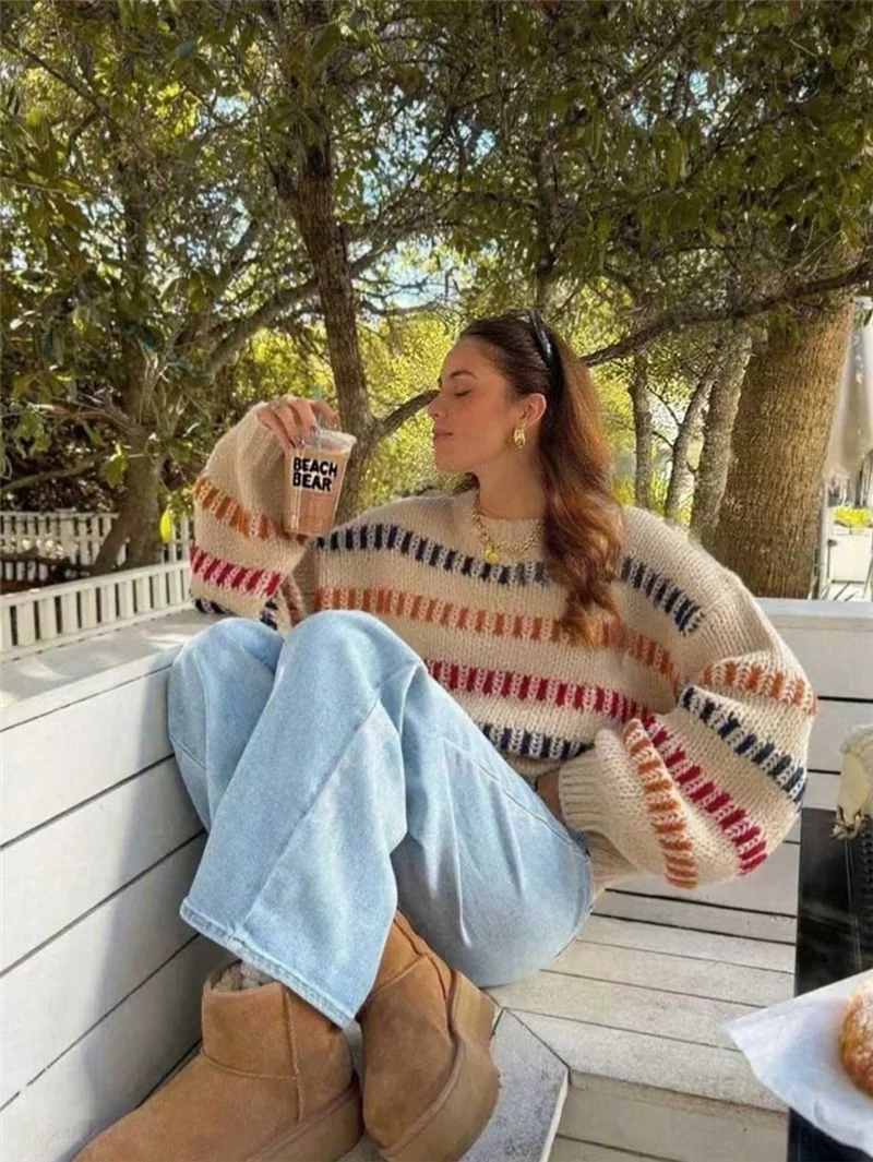 Athvotar Athvotar 2025 New Casual Fashion Retro-Colored Coarse Knitted Loose Bat Sleeve Sweater