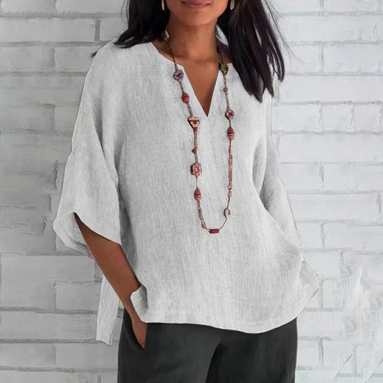 VChics Loose Casual V Neck Cotton Linen Solid Color Blouse