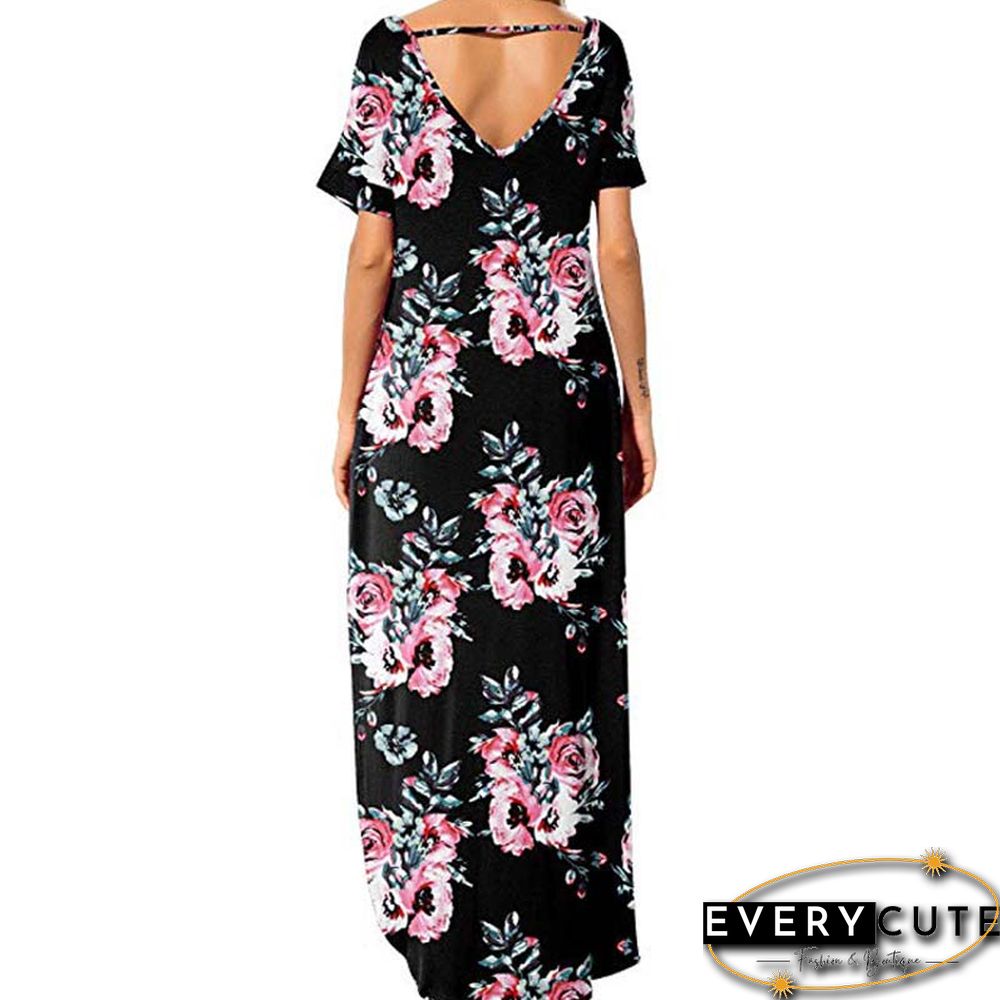 Navy Floral Print Short Sleeve Slit Maxi Dress