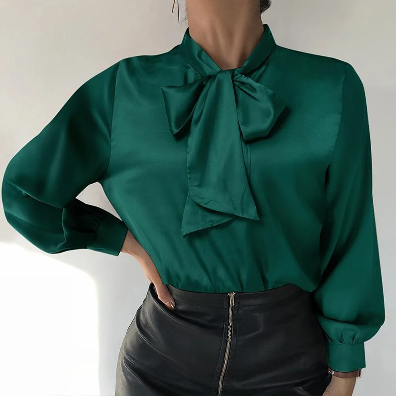 ZANZEA Vintage Women Office Blouse Autumn Casual Solid Work Blusas Female Fashion Satin Tops Oversized Long Sleeve Bow Tie Shirt