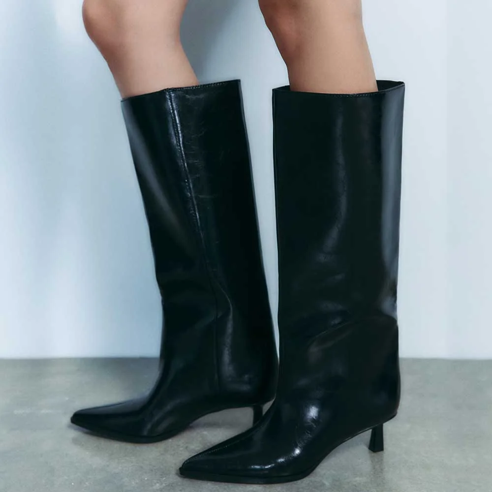Black Kitten Heel Pointed Toe Pull-On Wide Leg Knee High Boots