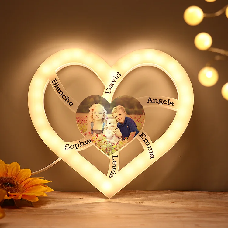 Lampe de chevet LED en forme de coeur 6 prénoms avec 1 photo Jessemade FR