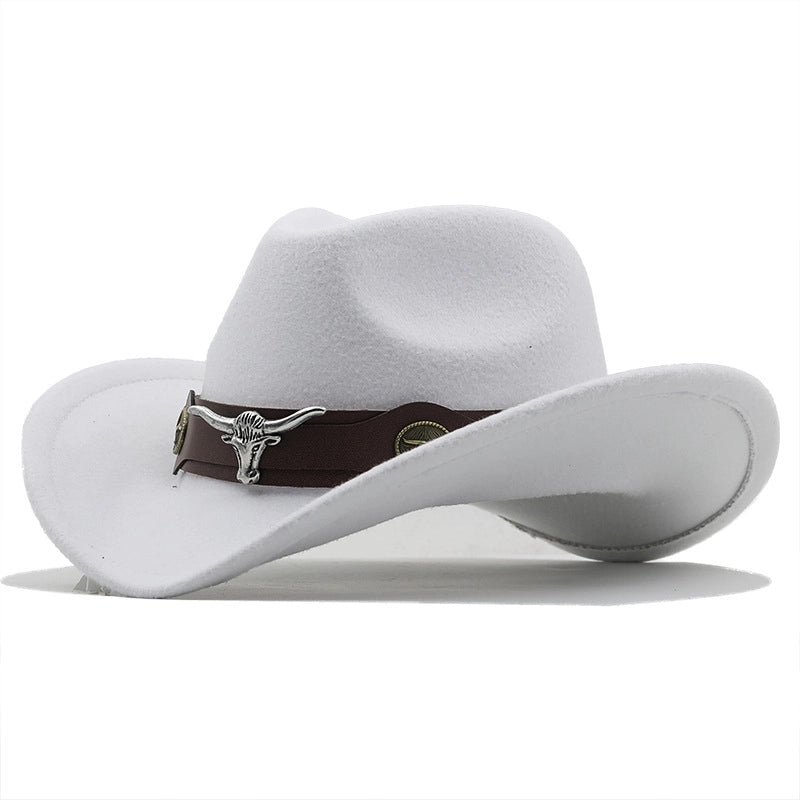 Simple Brim Hat Woolen Jazz Hat British Style Top Hat Cow Head Belt Solid Color Western Cowboy Hat