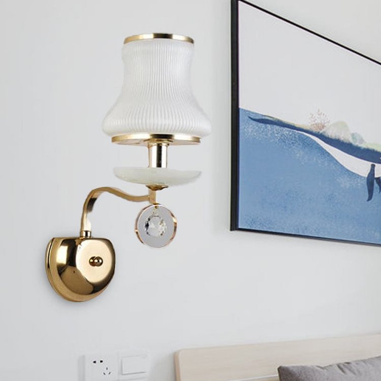 White Glass Bell Wall Mounted Lamp Vintage 1/2 Heads Living Room LED Sconce Light Fixture with Crystal Accent